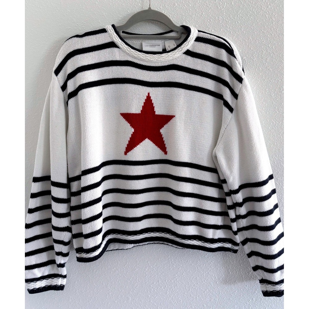 Vintage Sweater‎ Womens XL White Blue Cotton USA Patriotic Chunky Fisherman 90s